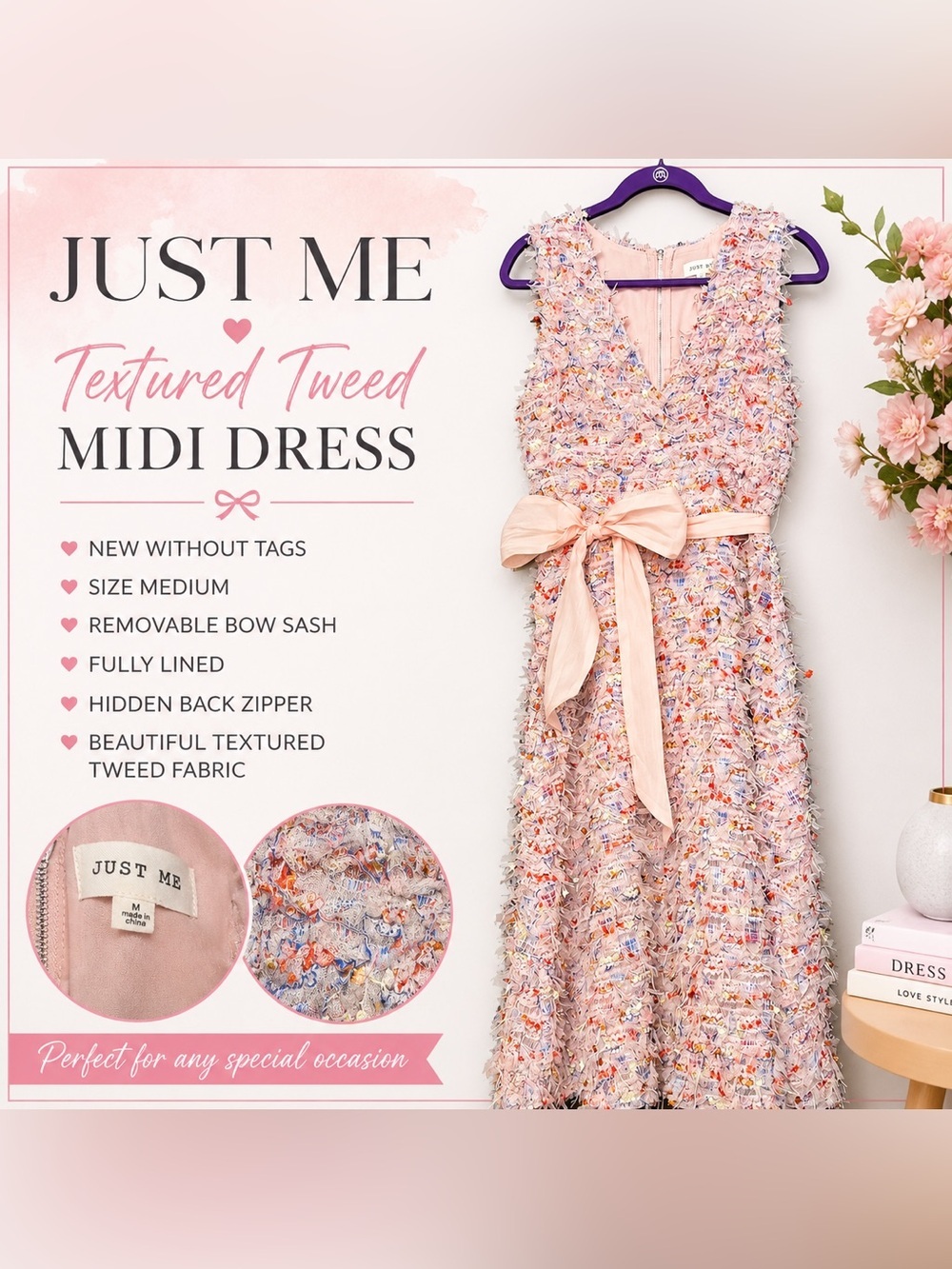 Just Me NWOT Textured Tweed Midi Dress Pink Bow Waist V-Neck Size M